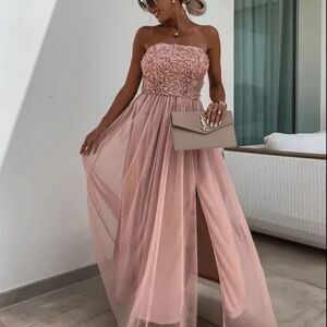 Elegant Pink Strapless Evening Dress
